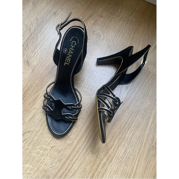 Vintage CHANEL Black Strap Slingback Heels with Logo Motif - Picture 2 of 7